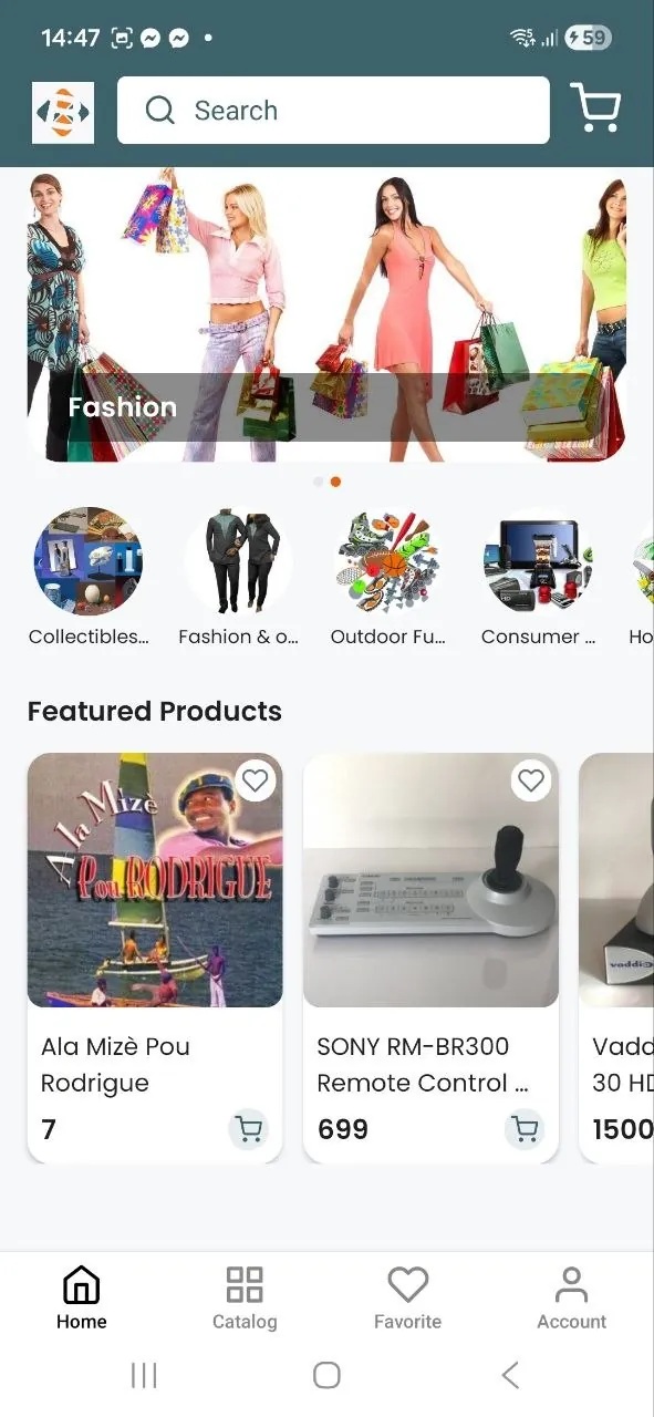 BoleoExpress — the marketplace mobile app: home screen with categories and a selection of products