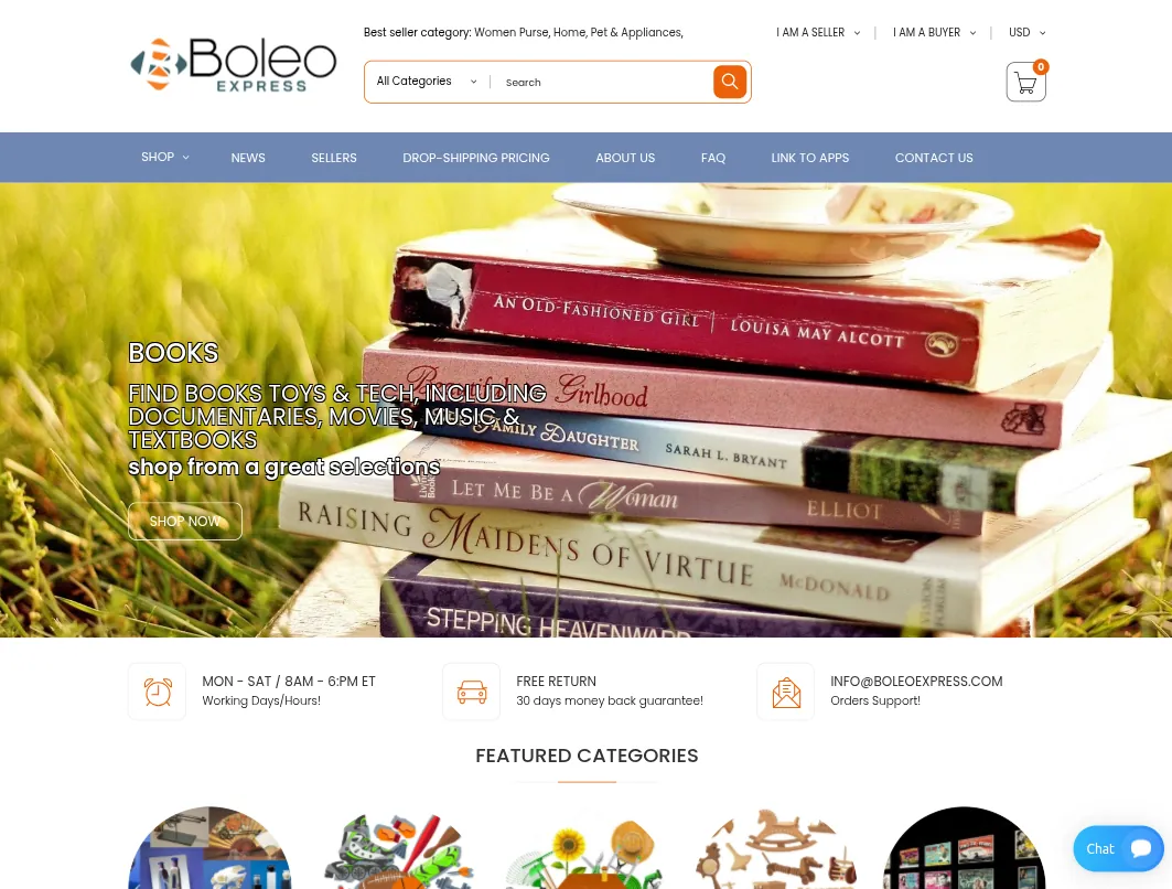 BoleoExpress — the web storefront of the same marketplace: home page with search by category