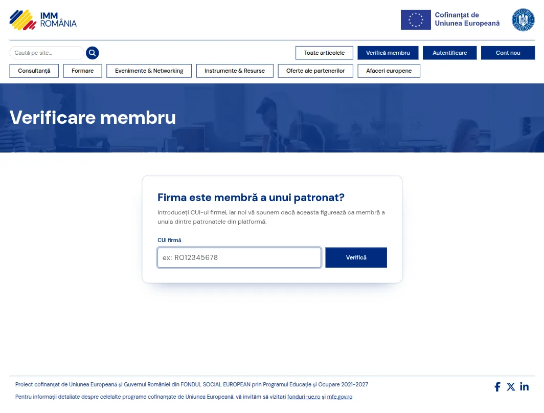 servicii.immromania.eu — checking a company's membership by its CUI code