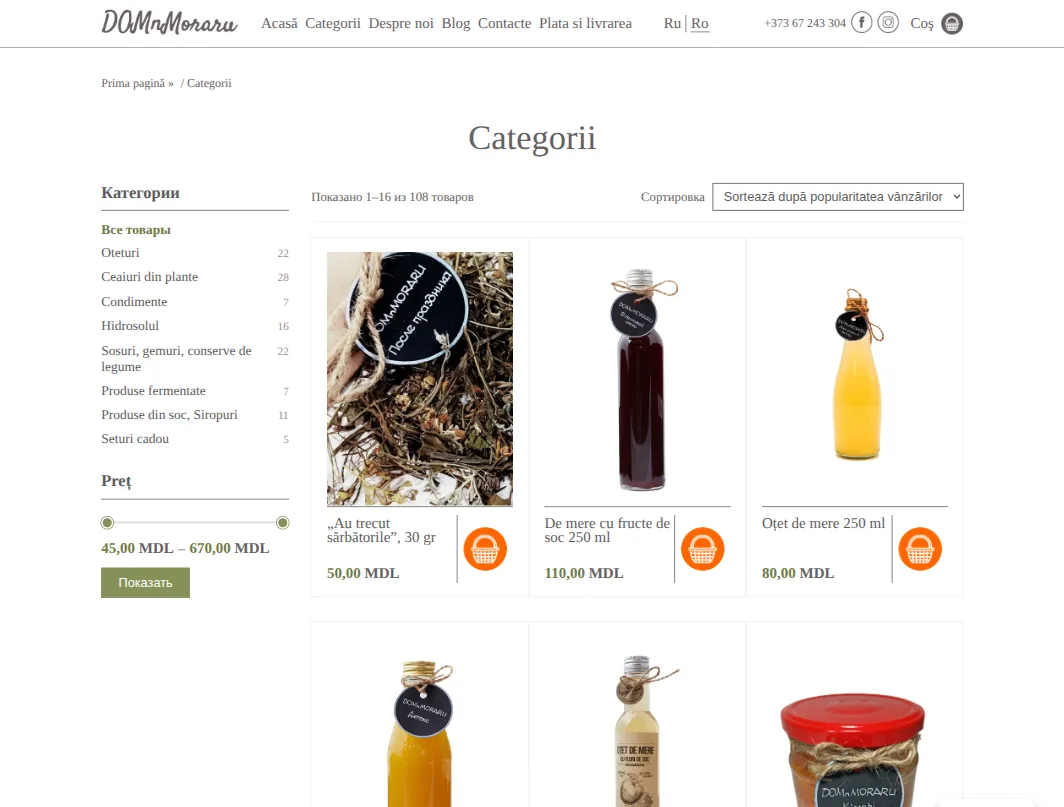 domnmoraru.md — the catalogue with filters by category and price