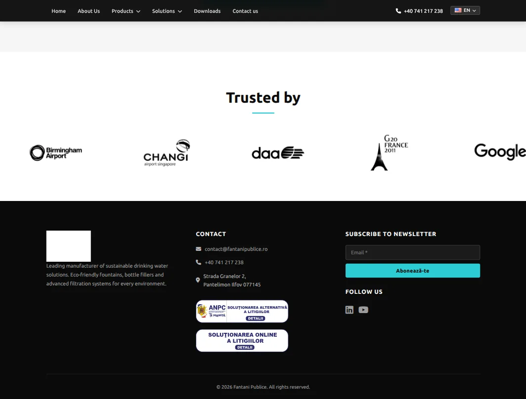 fantanipublice.ro — the “Trusted by” block with client logos, and the site footer