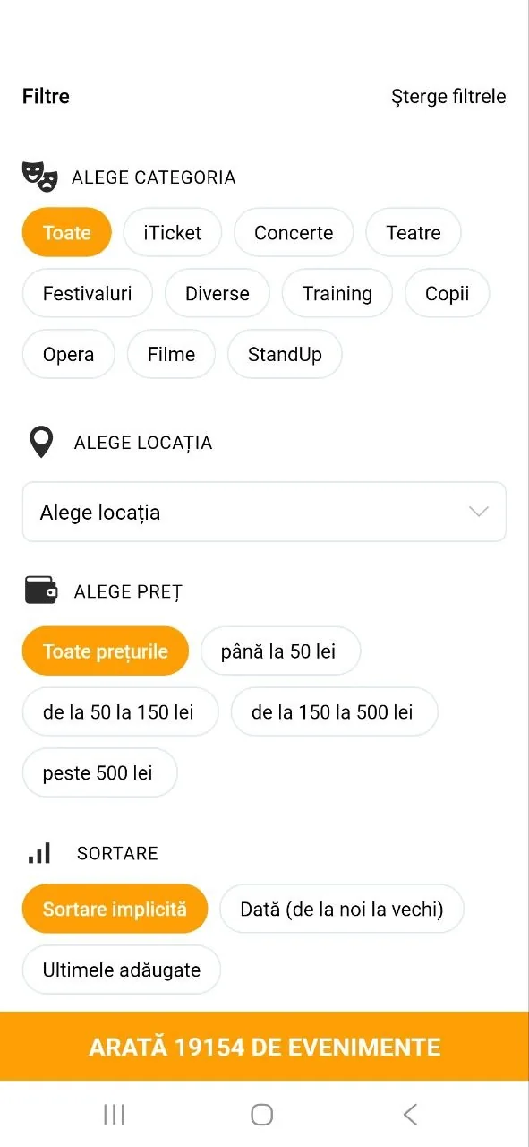 iTicket — the buyer app: filters by category, location, price and sort order