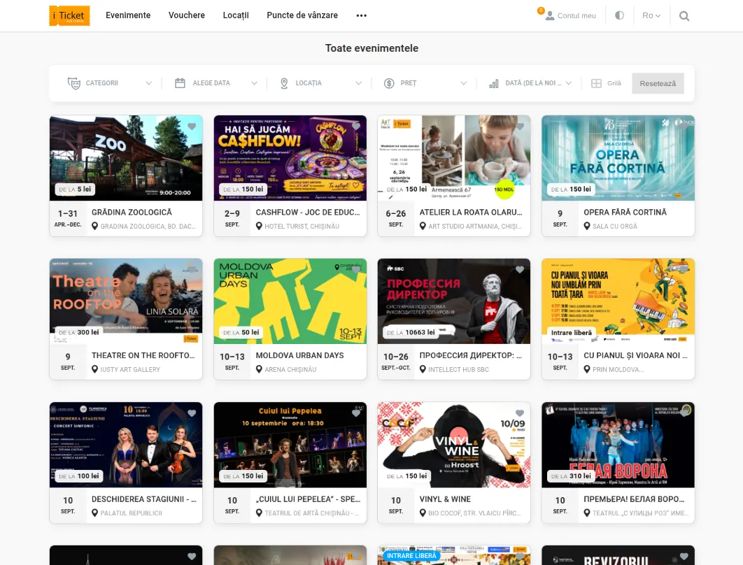 iTicket — the event catalogue with filters by category, date, location and price