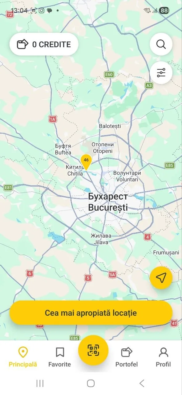 Mr. Duck — the driver app: a map of car washes around Bucharest, the credit balance and the “nearest location” button