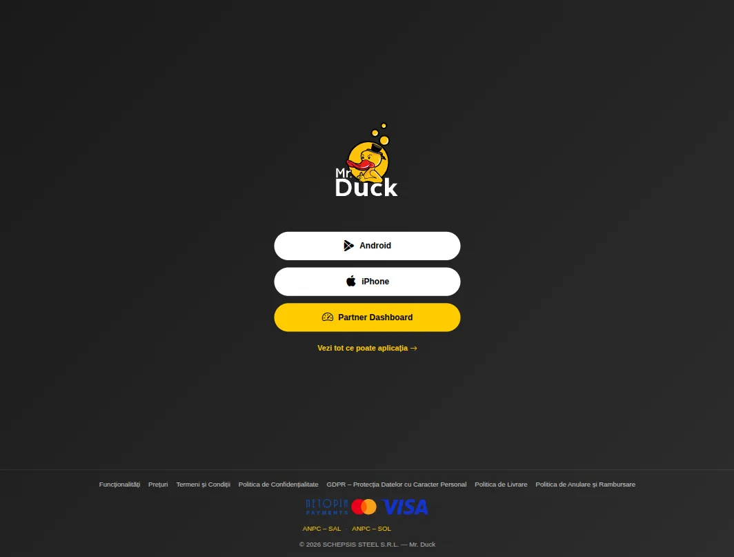 mrduck.com — public page with links to the apps and the partner portal