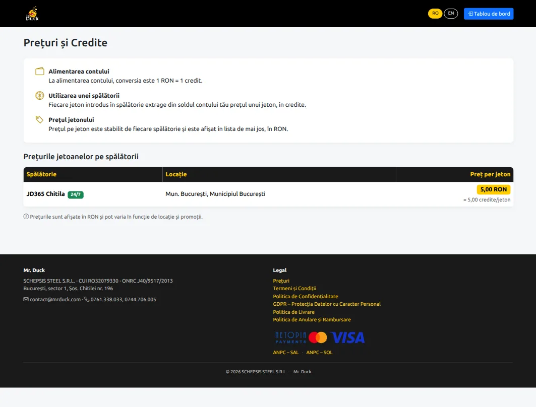 mrduck.com — prices and credits: how the balance is topped up and what a token costs at each wash