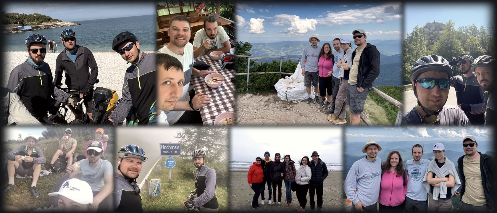 Collage of photos together — cycling trips, mountains, the sea, meals with everyone