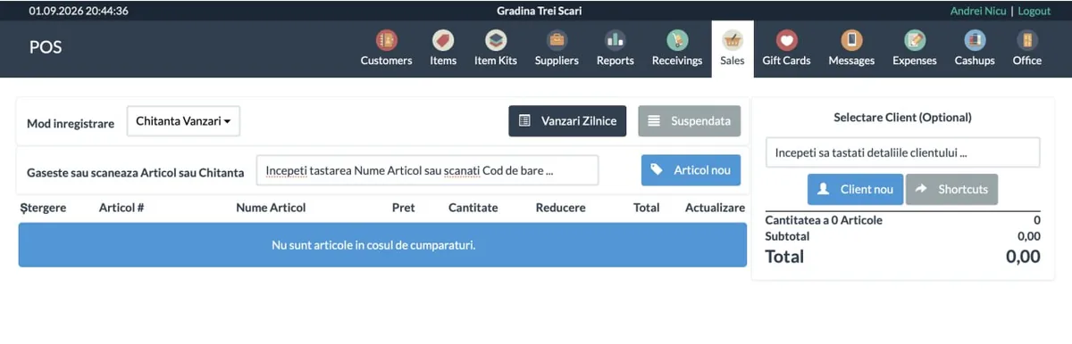 Till screen: product search, cart, customer selection, total