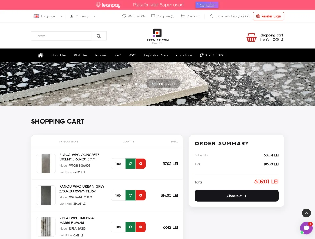 Premiercom — the cart with the order total, VAT and the way to checkout