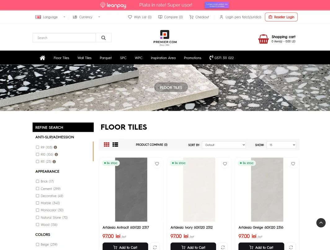 Premiercom — the tile catalogue with filters by property, appearance, colour and availability