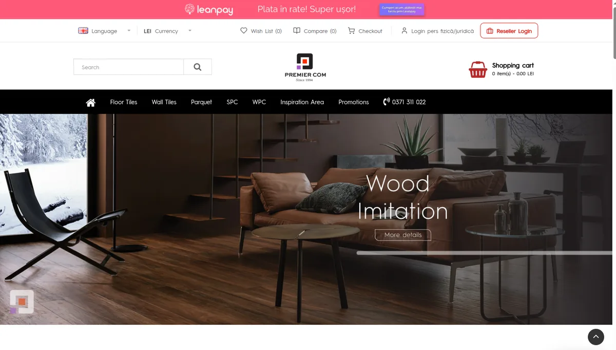 Premiercom — storefront of a finishing materials store with a partner login and instalments