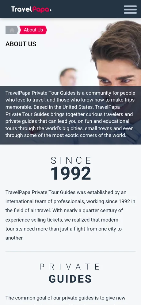 travelpapa.com About page adapted: the text fits the screen width and reads without zooming