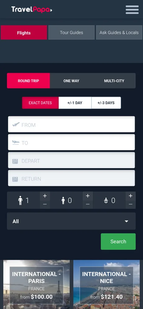 travelpapa.com home page adapted: flight search in one column, fields and buttons sized for a finger